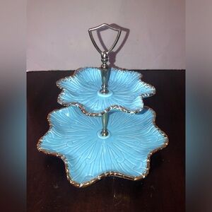 Vintage Teal & Gold Two Tiered Serving Platter. Like new.